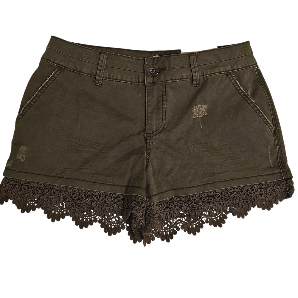 Maurices Olive Green Lace Trim Distressed Chino Shorts Size 3/4 Low Rise Stretch